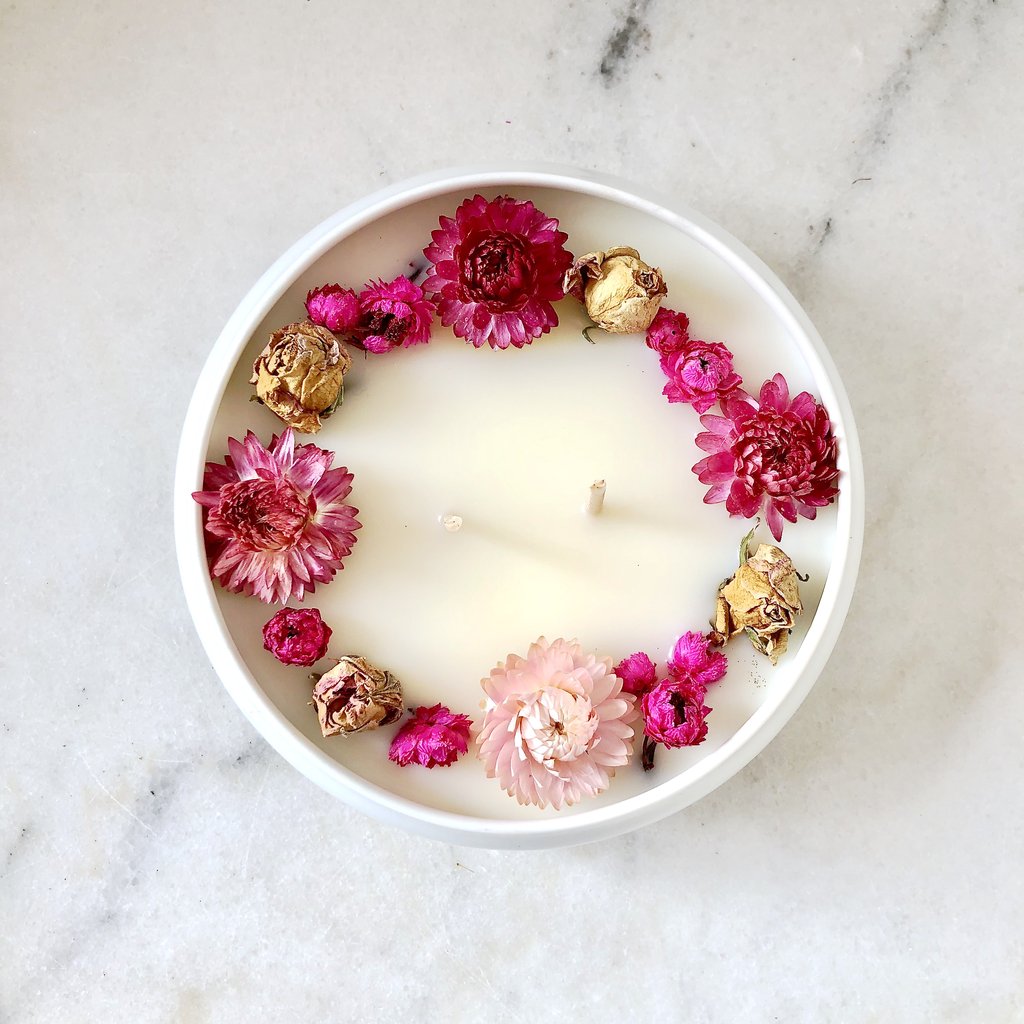 bougie fleurie trésor organic cocoon rose gold fleurs séchées