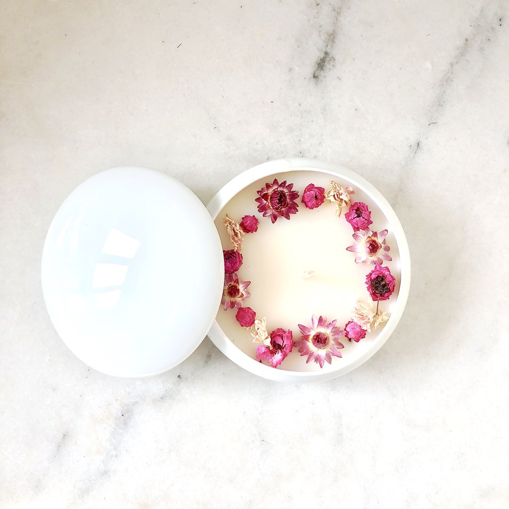 bougie fleurie écrin organic cocoon rose gold fleurs séchées